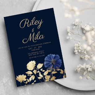 Elegant navy blue gold foliage flower Wedding Invitation