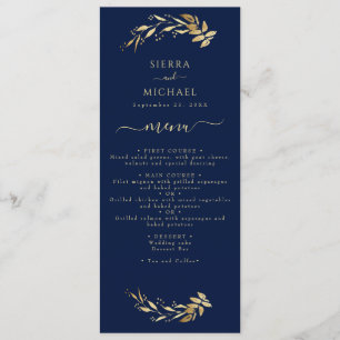 Elegant Navy Blue Gold Foliage Wedding Reception Menu
