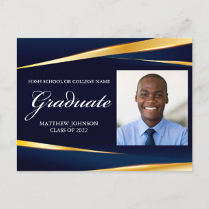 Elegant Navy Blue Gold Formal Photo Graduation Postcard