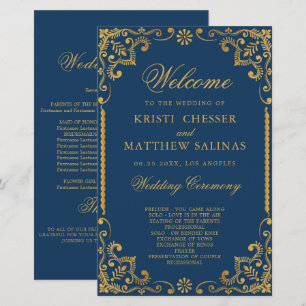 Elegant Navy Blue Gold Frame Wedding Program Card