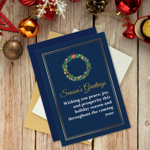 Elegant Navy Blue Gold Frame Wreath Professional Holiday Card