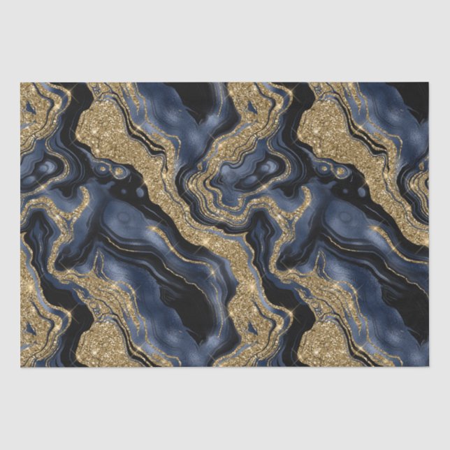Elegant Navy Blue & Gold Glitter Agate Birthday Tissue Paper (Front)