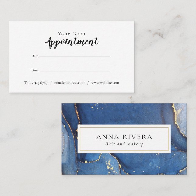Elegant Navy Blue Gold Glitter Agate Marble Appointment Card (Front/Back)