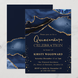 Elegant Navy Blue & Gold Glitter Agate Quinceanera Invitation