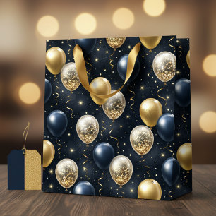 Elegant Navy Blue & Gold Glitter Balloons Medium Gift Bag