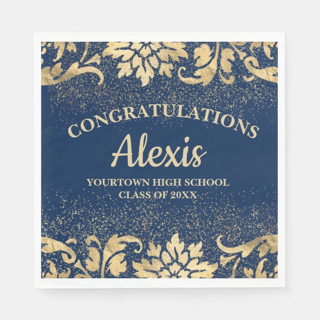 Elegant Navy Blue Gold Glitter Graduation Party Napkin (Front)