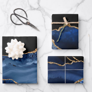 Elegant Navy Blue Gold Glitter Marble Agate Wrapping Paper Sheet