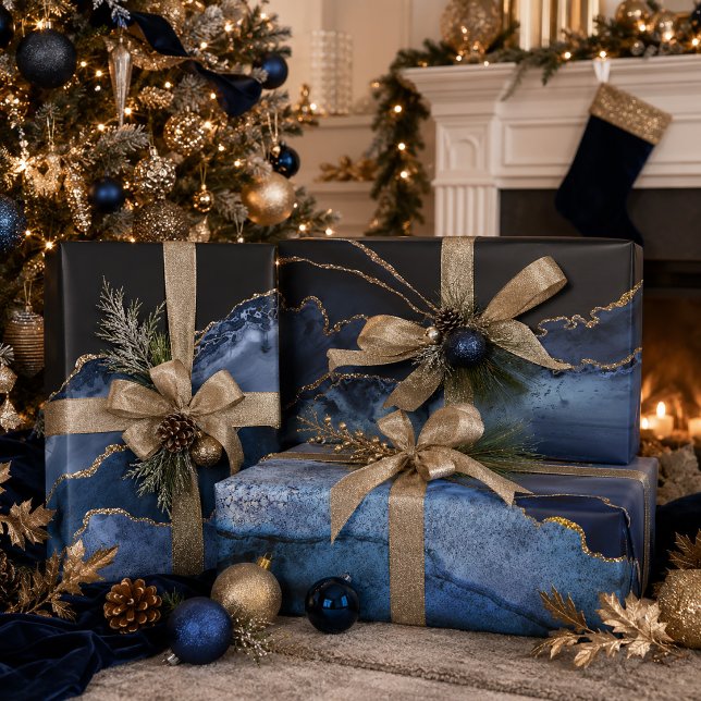 Elegant Navy Blue Gold Glitter Marble Agate Wrapping Paper Sheet (Elegant blue marble wrapping paper-3 sheets-19"x29")