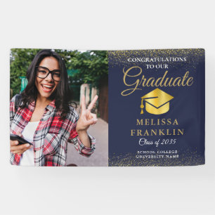 Elegant Navy Blue Gold Glitter Photo Graduation Banner