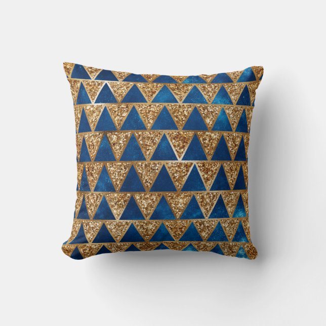 Elegant Navy Blue Gold Glitter Triangle Pattern Throw Pillow (Front)