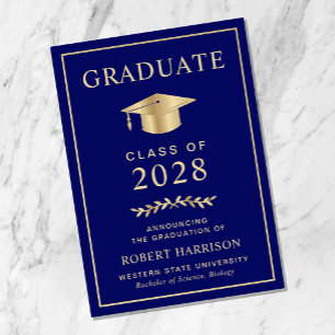 Elegant Navy Blue Gold Graduation Announcement