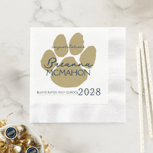 Elegant Navy Blue & Gold Graduation Pawprint Paper Napkin