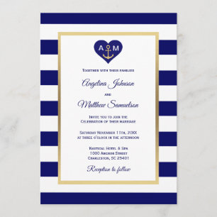 Elegant Navy Blue Gold Heart Nautical Wedding Invitation