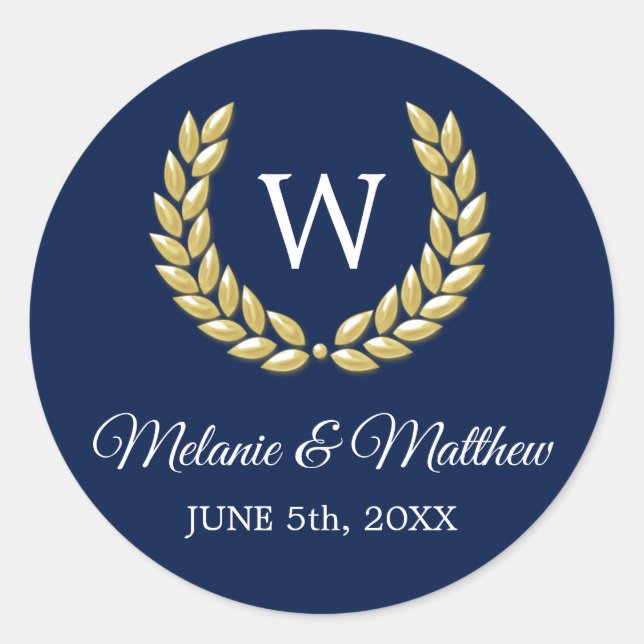 Elegant Navy Blue & Gold Laurel Monogram Wedding Classic Round Sticker (Front)