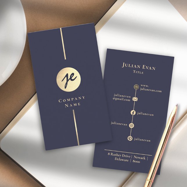 Elegant Navy Blue Gold Luxe Handwriting Monogram Business Card (Elegant Navy Blue Gold Luxe Handwriting Monogram Business Card)