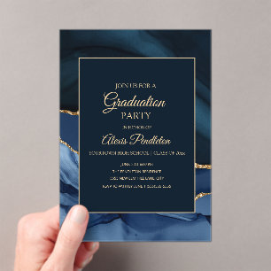 Elegant Navy Blue Gold Marble Agate Graduation Acrylic Invitations