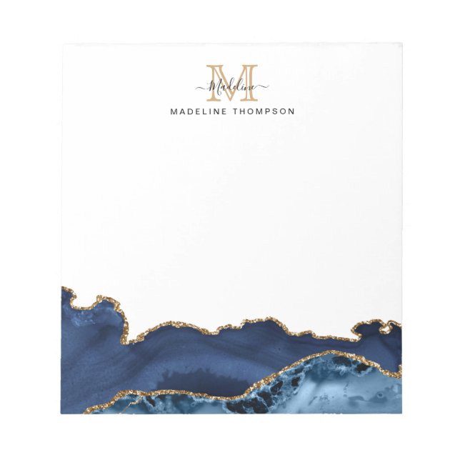 Elegant Navy Blue Gold Marble Agate Monogram Notepad (Front)