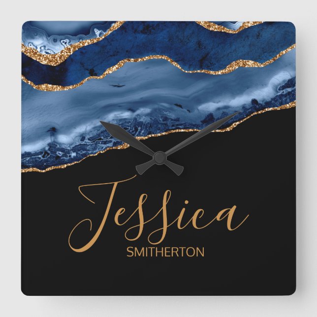 Elegant Navy Blue Gold Marble Agate Name Square Wall Clock (Front)