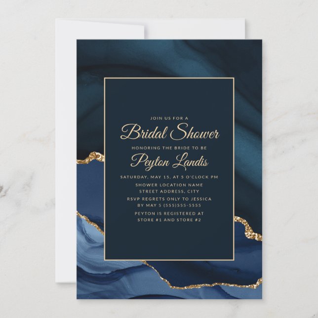 Elegant Navy Blue Gold Marble Bridal Shower Invitation (Front)