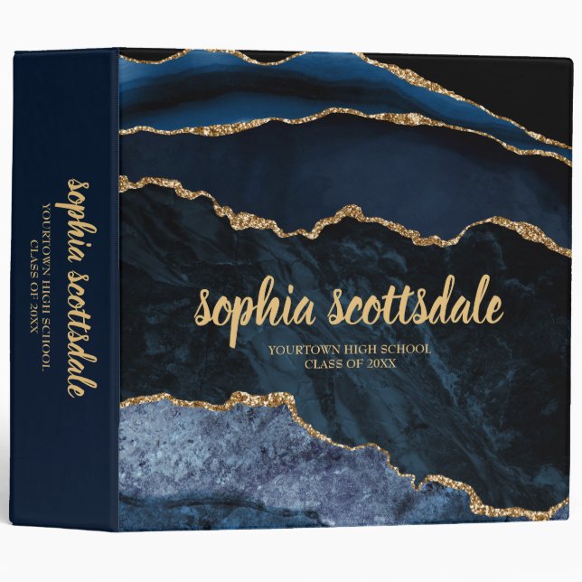 Elegant Navy Blue Gold Marble Graduation Year Binder (Front/Spine)