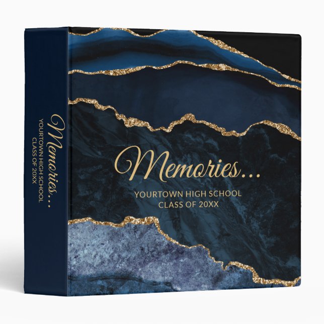 Elegant Navy Blue Gold Marble Memories School Year Binder (Front/Spine)