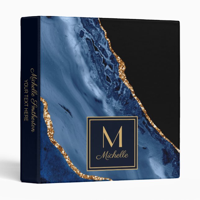 Elegant Navy Blue Gold Marble Monogram  Binder (Front/Spine)