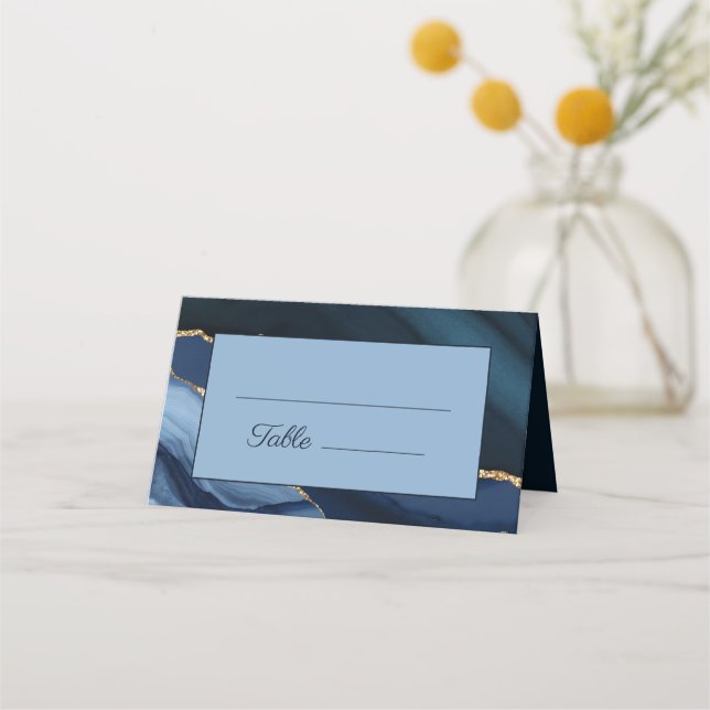 Elegant Navy Blue Gold Marble Wedding  Place Card (Front)