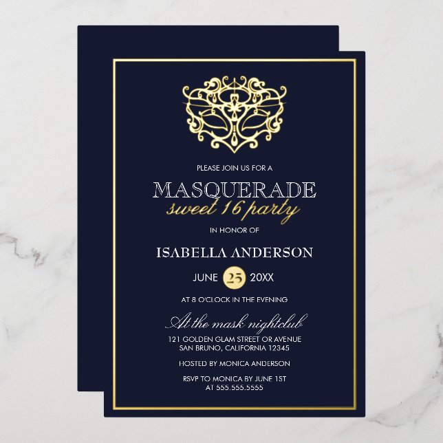 Elegant Navy Blue & Gold Masquerade Sweet 16 Party (Front/Back)