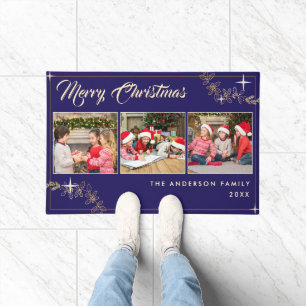 Elegant Navy Blue Gold Merry Christmas 3 Photo Doormat