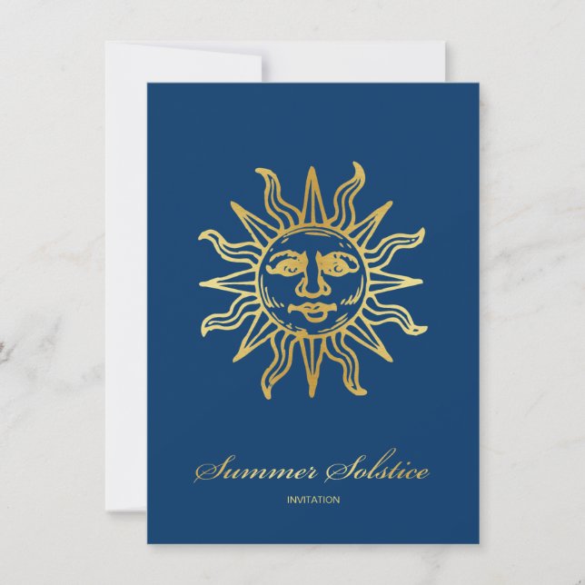 Elegant Navy Blue & Gold Metallic Summer Solstice Invitation (Front)