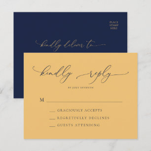 Elegant Navy Blue & Gold Minimal Wedding RSVP Postcard