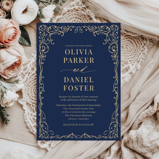 Elegant Navy Blue Gold Minimalist Wedding Invitation (Creator Uploaded)