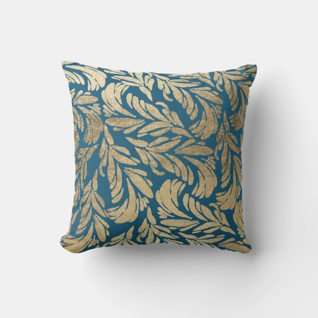 Elegant navy blue gold modern floral damask outdoor pillow (Front)