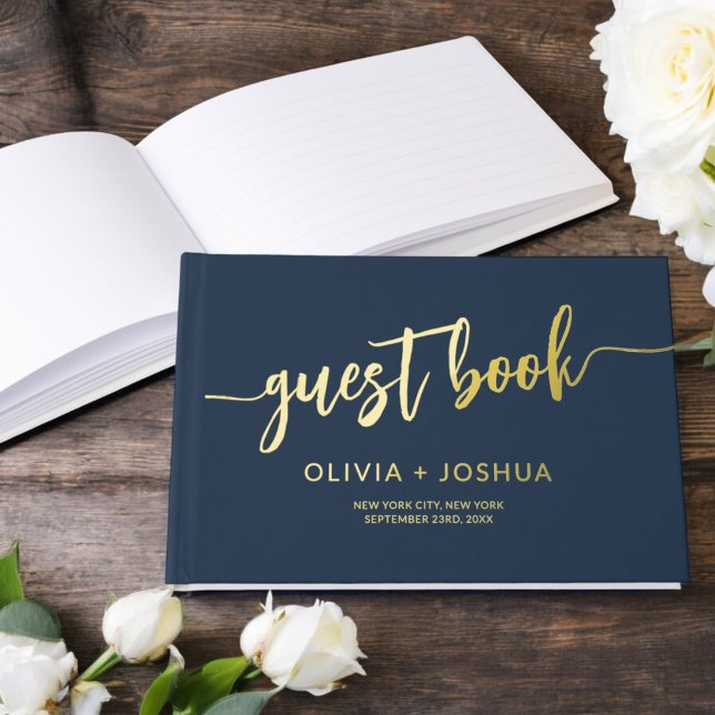 Elegant Navy Blue Gold Modern Minimalist Script Guest Book (Creator Uploaded)