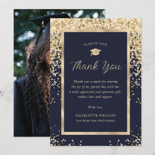 Elegant Navy Blue Gold Modern Photo Graduation Thank You Card