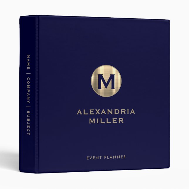 Elegant Navy Blue Gold Monogram Event Planner Binder (Front/Spine)