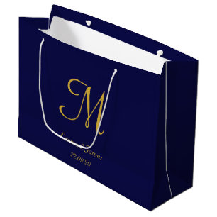Elegant Navy Blue & Gold Monogram Name Wedding Large Gift Bag