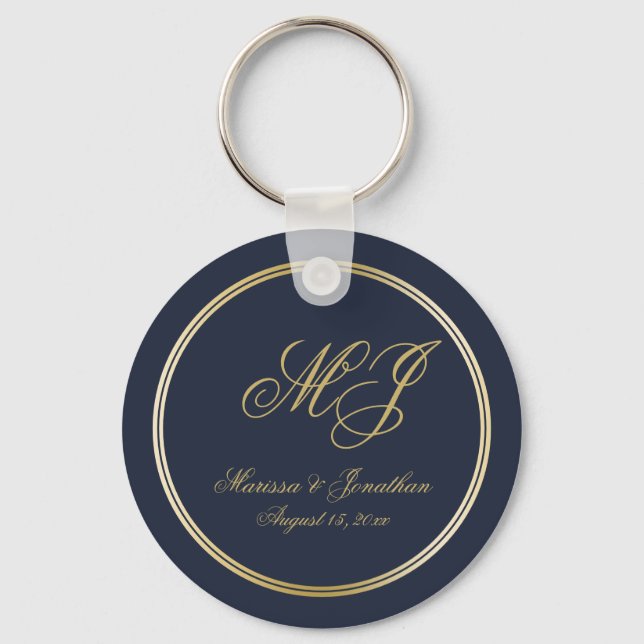Elegant Navy Blue Gold Monogram Script Wedding Keychain (Front)