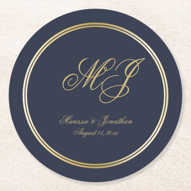 Elegant Navy Blue Gold Monogram Script Wedding Round Paper Coaster (Front)