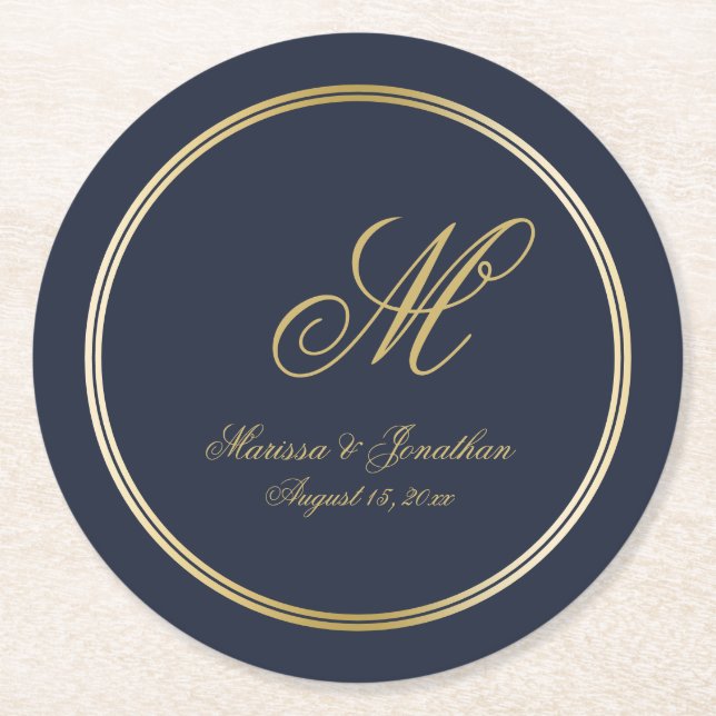 Elegant Navy Blue Gold Monogram Script Wedding Round Paper Coaster (Front)