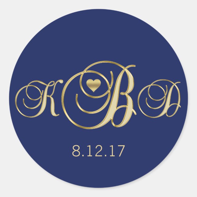 Elegant Navy Blue Gold Monogram Wedding Classic Round Sticker (Front)