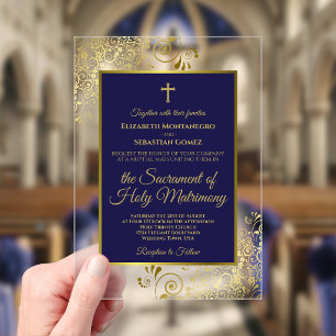 Elegant Navy Blue & Gold Ornate Catholic Wedding Acrylic Invitations