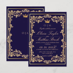 Elegant Navy Blue & Gold Ornate Frame Wedding  Invitation