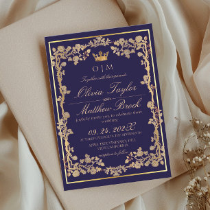 Elegant Navy Blue & Gold Ornate Frame Wedding  Invitation