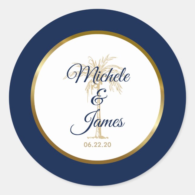 Elegant Navy Blue Gold Palm Tree Modern Wedding Classic Round Sticker (Front)