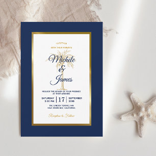 Elegant Navy Blue Gold Palm Tree Modern Wedding Invitation