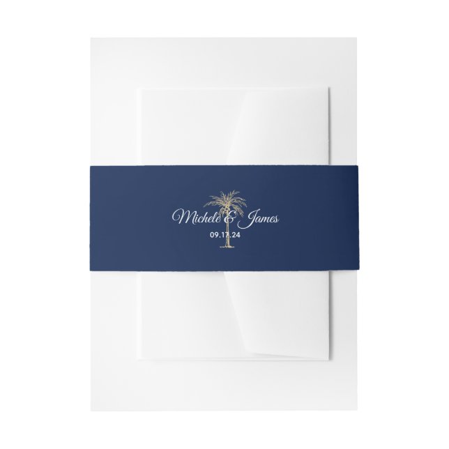 Elegant Navy Blue Gold Palm Tree Modern Wedding Invitation Belly Band (Front Example)