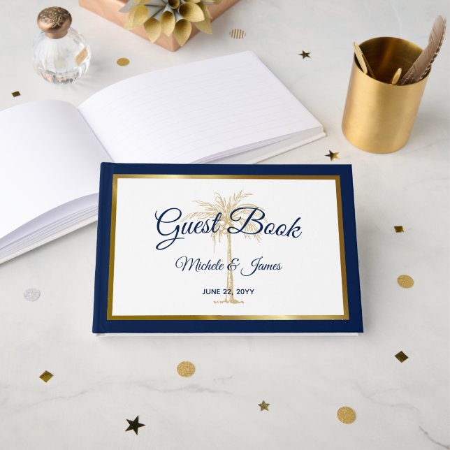 Elegant Navy Blue Gold Palm Tree Tropical Wedding Guest Book (Front Open)