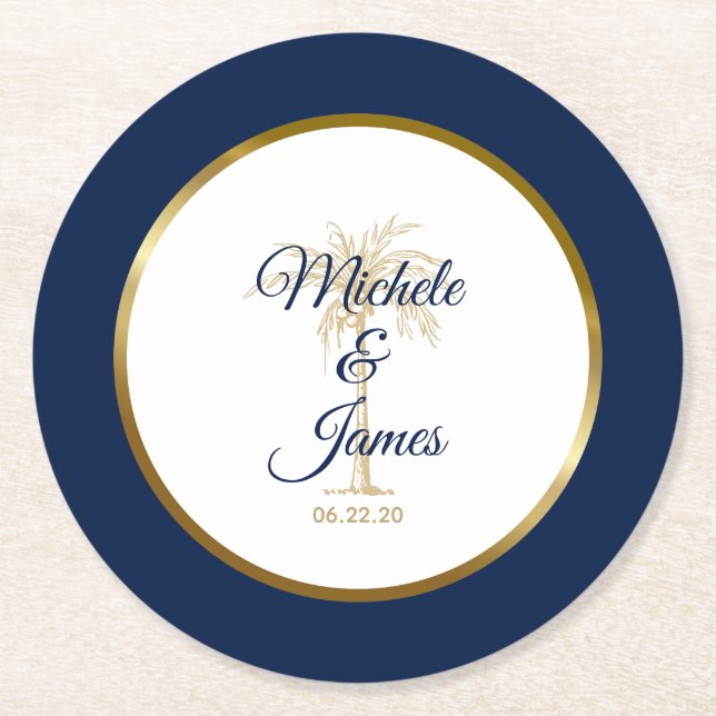 Elegant Navy Blue Gold Palm Tree Tropical Wedding Round Paper Coaster (Front)