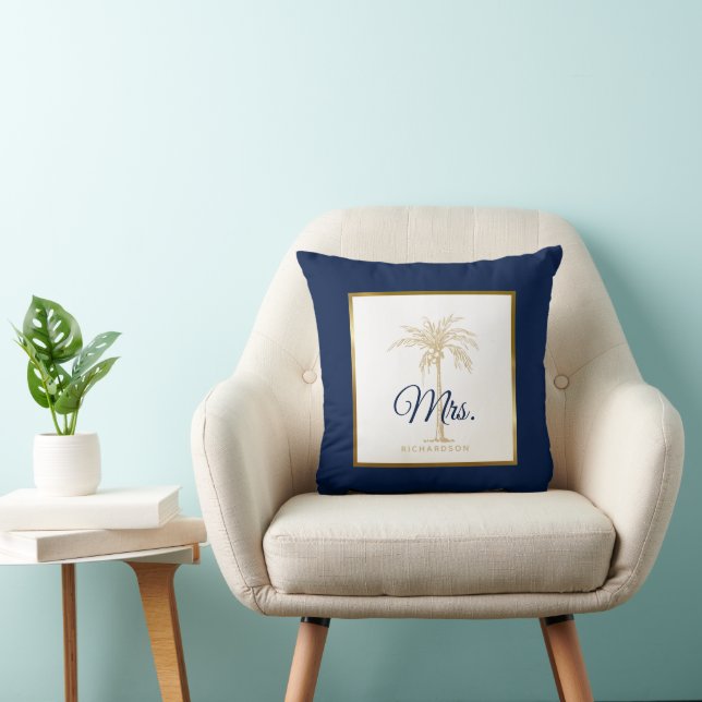 Elegant Navy Blue Gold Palm Tree Wedding Mrs. Throw Pillow (Chair)